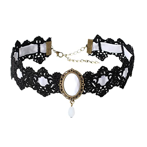 Caiguoer Schwarz Spitze Kragen Kette Kristall Anhänger Halskette Samt Vintage Edelstein Halskette Gotische Hohlblume Choker Schmuck Halloween Zubehör für Frauen und Mädchen (B) von Caiguoer