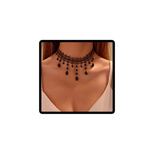 Caiguoer Schwarze Spitzenkette, Kristall-Anhänger, Halskette, Samt, Vintage-Edelstein-Halskette, Gothic, hohl, Blumen-Choker, Schmuck, Halloween-Zubehör für Damen und Mädchen, Einheitsgröße, Metall von Caiguoer