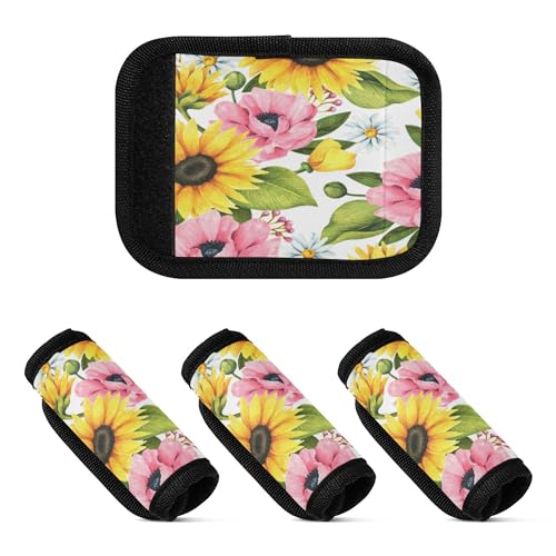 4 Stück Gepäckgriffbandagen, dehnbare Koffergriffabdeckungen, Gepäck, Koffer, Aufkleber für Reisezubehör, Tasche, Blumen, Gänseblümchen, Sonnenblumen von Caihoyu