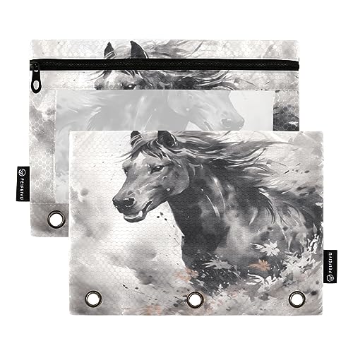 Binder Pencil Pouch 3 Ring Zipper Clear Window Pen Case Big Capacity Cosmetic Bag Storage Container for Storing Office Supplies 2 Pack Chinese Ink Style Horse Black von Caihoyu