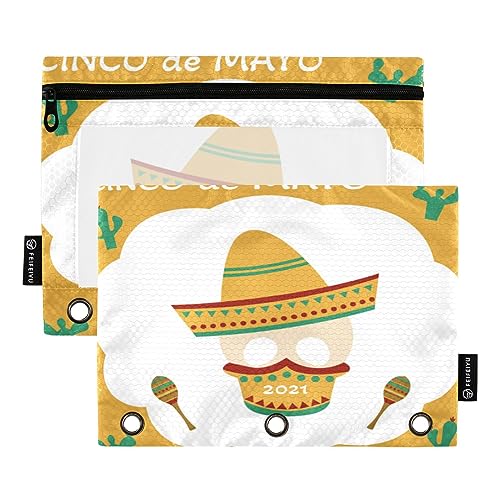 Binder Pencil Pouch 3 Ring Zipper Clear Window Pen Case Big Capacity Cosmetic Bag Storage Container for Storing Office Supplies 2 Pack Cinco De Mayo Skull Cactus Yellow von Caihoyu