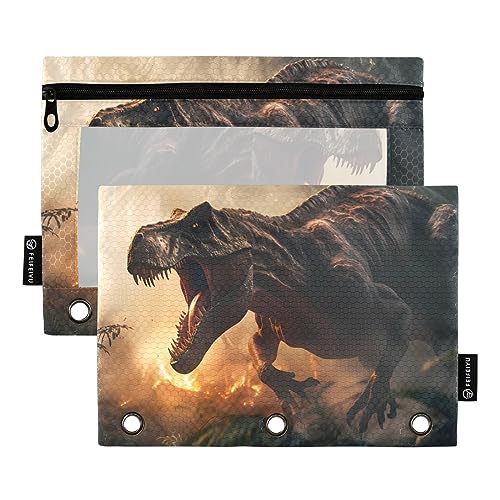 Binder Pencil Pouch 3 Ring Zipper Clear Window Pen Case Big Capacity Cosmetic Bag Storage Container for Storing Office Supplies 2 Pack Dinosaur Orange von Caihoyu