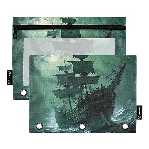 Binder Pencil Pouch 3 Ring Zipper Clear Window Pen Case Big Capacity Cosmetic Bag Storage Container for Storing Office Supplies 2 Pack Ghost Ship Green von Caihoyu