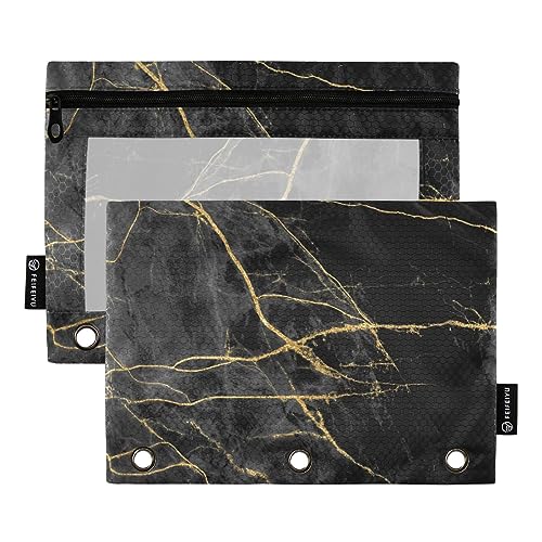 Binder Pencil Pouch 3 Ring Zipper Clear Window Pen Case Big Capacity Cosmetic Bag Storage Container for Storing Office Supplies 2 Pack Marble Texture Black and Gold Design Cover von Caihoyu