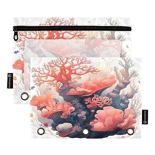 Binder Pencil Pouch 3 Ring Zipper Clear Window Pen Case Big Capacity Cosmetic Bag Storage Container for Storing Office Supplies 2 Pack Style Illustration Coral Red von Caihoyu