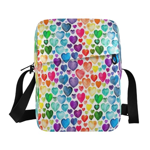 Crossbody Bag Small Casual Messenger Shoulder Bag Handbag Cell Phone Pouch Purse for Women Men Kids Multicolored Watercolor Hearts, Mehrfarbig, Einheitsgröße von Caihoyu