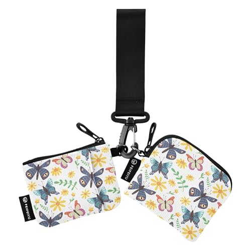 Damen Dual Wallets Busniess Kartenetuis Niedlich Mode Münzgeldbörse Geldbörse Tasche mit Schlüsselanhänger für Arbeit Reisen 2 Packungen, Helle Safari-Schmetterlinge, Wildblumen, 4.13"(L) x 3.5"(W), von Caihoyu