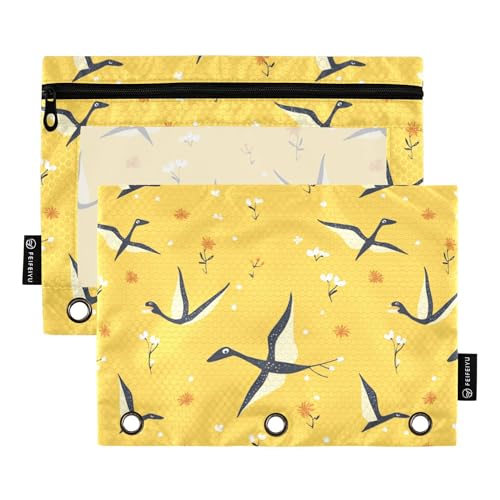 Federmäppchen für 3 Ringe, Stifthalter, Etui mit transparentem Fenster, Stifttasche mit Reißverschluss, Großpackung für Schule, Büro, Klasse, lustiger Dinosaurier, Pterodaktylgelb, 2 Stück von Caihoyu