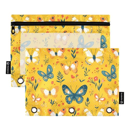 Federmäppchen für 3 Ringe, mit transparentem Fenster, Reißverschluss, Stifteetui für Schule, Studenten, Klassenzimmer, Büro, Cartoon, niedlicher Schmetterling, Gelb, 2 Stück von Caihoyu