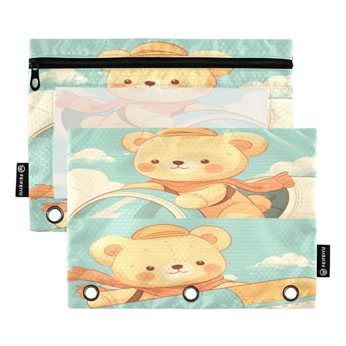 Federmäppchen mit 3 Ringen, durchsichtiges Fenster, Schreibwarenetui, Reißverschluss, Stifteetui, Büro, College, Zubehör, Illustration eines Teddybären im Flugzeugfenster, 2 Stück von Caihoyu