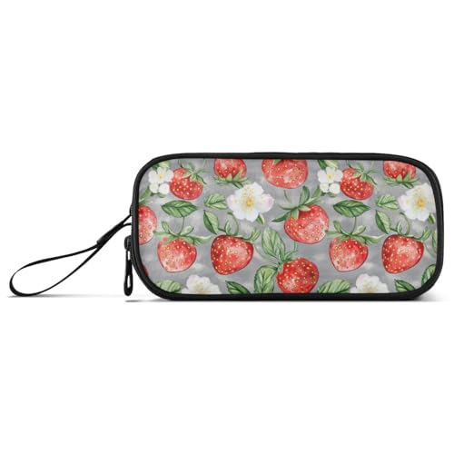 Federmäppchen mit großem Fassungsvermögen, für Damen, Kosmetik, Make-up, Kosmetik, mit Reißverschluss, frische Erdbeeren, Früchte von Caihoyu