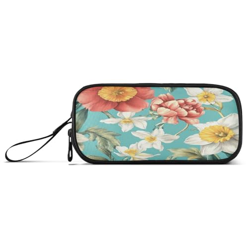 Federmäppchen mit großem Fassungsvermögen, für Mädchen, Mittelschule, mit Fach, Blumen, Narzissen, Pfingstrose, Narzissen, Türkis von Caihoyu
