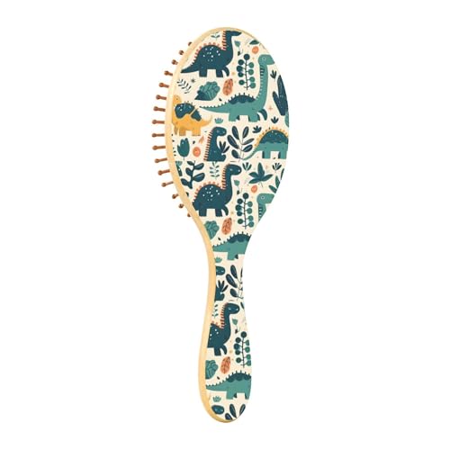 Haarbürste aus Holz, Paddelbürste, Holzhaarbürste für Frauen, Massagebürste, Illustrationen von Dinosauriern und Pflanzen auf beigem Hintergrund von Caihoyu