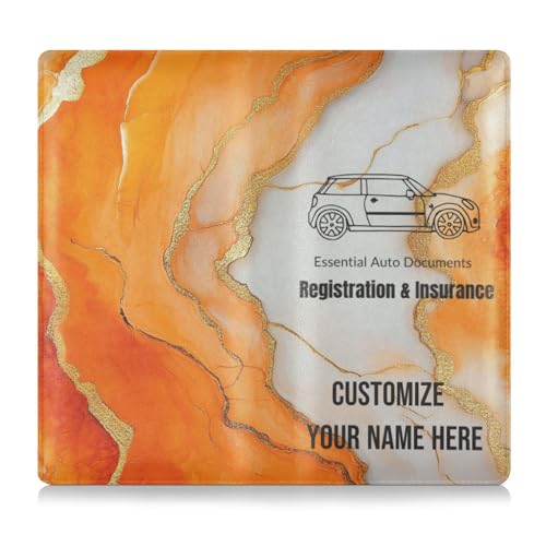 Individuelle Leder-Registrierungs- und Versicherungskartenhalter, personalisierbar, für Herren und Damen, LKW-Zubehör für wichtige Dokumente, Führerschein, Karten, Marmor, Orange, Weiß von Caihoyu