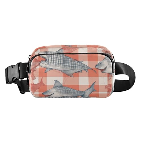 Modische Gürteltasche für Damen und Herren, große Kapazität, Gürteltasche mit verstellbarem Riemen, für Radfahren, Wandern, Fitnessstudio, Fische, Meer auf rotem kariertem Hintergrund, Fischmeer auf von Caihoyu