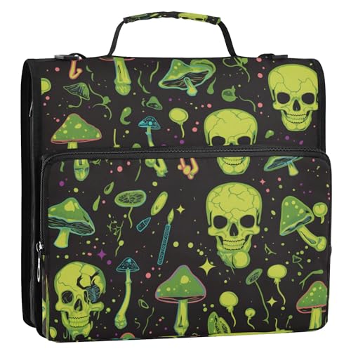 Ordner mit 3 Ringen, 3,8 cm, mit Reißverschluss, inklusive Reißverschlusstasche, tragbares Portfolio für Mittelschüler, neongrüner Totenkopf und Pilz von Caihoyu