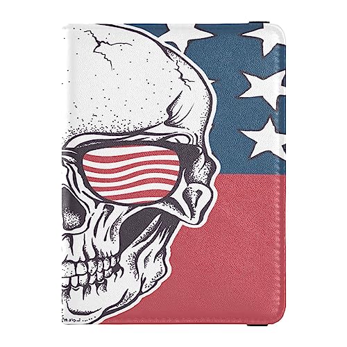 Reisepasshülle, Brieftasche, Kombination, PU-Leder, Ausweis, Impfkartenhalter, Brieftasche, Kartenschutz für Damen und Herren, amerikanischer Totenkopf-Sonnenbrille auf USA-Flagge, Mehrfarbig, von Caihoyu