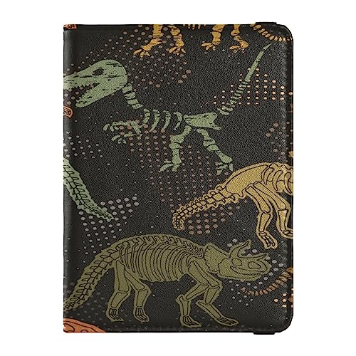 Reisepasshülle Brieftasche Combo PU-Leder Abzeichen ID Impfkartenhalter Brieftasche Kartenschutz für Damen Herren Dunkle Dinosaurier Skelett, Mehrfarbig, Einheitsgröße von Caihoyu