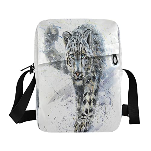 Schneeleoparden-Tier-Aquarell-Raubtier-Umhängetasche, klein, lässig, Kuriertasche, Handtasche, Handytasche, Geldbörse für Damen, Herren, Kinder, Mehrfarbig, Einheitsgröße von Caihoyu