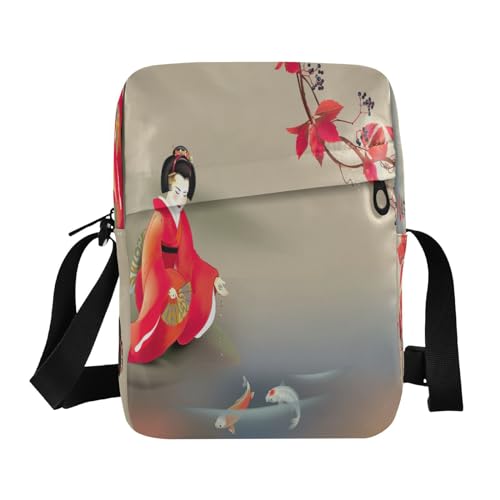 Umhängetasche, klein, lässig, Kuriertasche, Handtasche, Handytasche, Geldbörse für Damen, Herren, Kinder, japanische Geisha-Fütterung, Goldfisch, Mehrfarbig, Einheitsgröße von Caihoyu