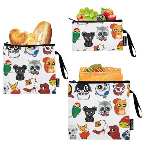 Wiederverwendbare Snack-Taschen mit niedlichen Cartoon-Wildtieren, 3-teilig, vielseitig verwendbar, für Picknick, Arbeit, Reisen, Büro von Caihoyu