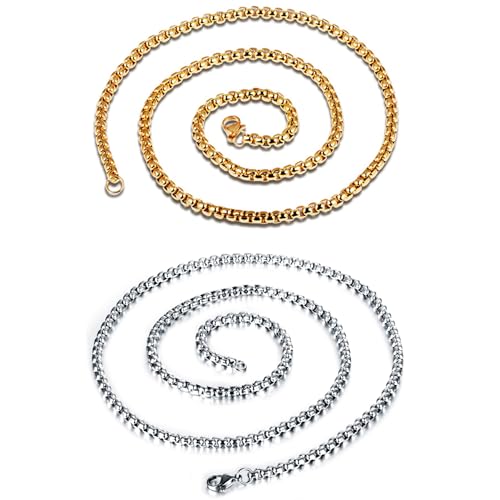 Caimeytie 2 Halsketten für Männer,Halskette aus Edelstahl,Kettenlänge 55 cm,Breite: 3mm,Handgemachter Herren,Gold und Stahl Farben von Caimeytie