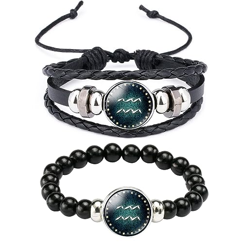 Caimeytie 2 Stück Sternbild Armband für Mädchen,Tierkreiszeichen,Lederarmband Set,einstellbar,handgefertigte gewebte Armbänder,Wickel Armband Frauen,Sternbilder Geschenke Wassermann von Caimeytie