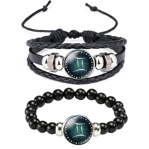 Caimeytie 2 Stück Sternbild Armband für Mädchen,Tierkreiszeichen,Lederarmband Set,einstellbar,handgefertigte gewebte Armbänder,Wickel Armband Frauen,Sternbilder Geschenke Zwillinge von Caimeytie