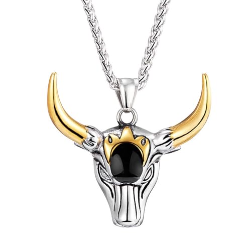 Caimeytie Halskette aus Edelstahl für Herren,Goldener Stier Schädel Anhänger,Punk Retro Halskette,Zodiac Halskette,Geschenk für Männer,Geschenk zum Vatertag von Caimeytie