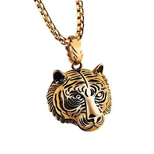 Caimeytie Herren Halskette Tiger Anhänger Edelstahl 60CM Männer Geschenke Golden von Caimeytie