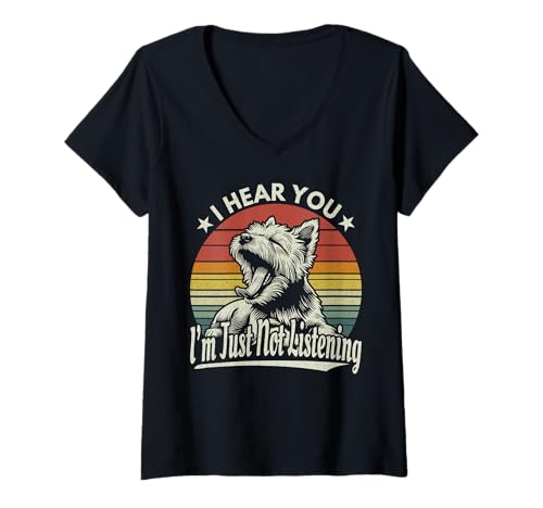Damen Yawn Cairn Terrier Ich höre Dich, ich höre Nicht Sunset Retro T-Shirt mit V-Ausschnitt Damen Yawn Cairn Terrier Ich höre Dich, ich höre Nicht Sunset Retro T-Shirt mit V-Ausschnitt von Cairn Terrier Lover Funny Sleepy Dog Gift Design
