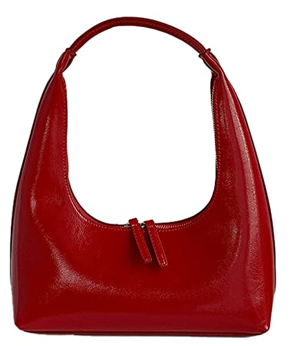 Lackleder Tote Bag Damen Hobo Bag Mode Umhängetasche Glänzend Leder Handtasche Kleine Croissant Taschen für Frauen, Rot/Ausflug, einfarbig (Getaway Solids), Free von Caistre