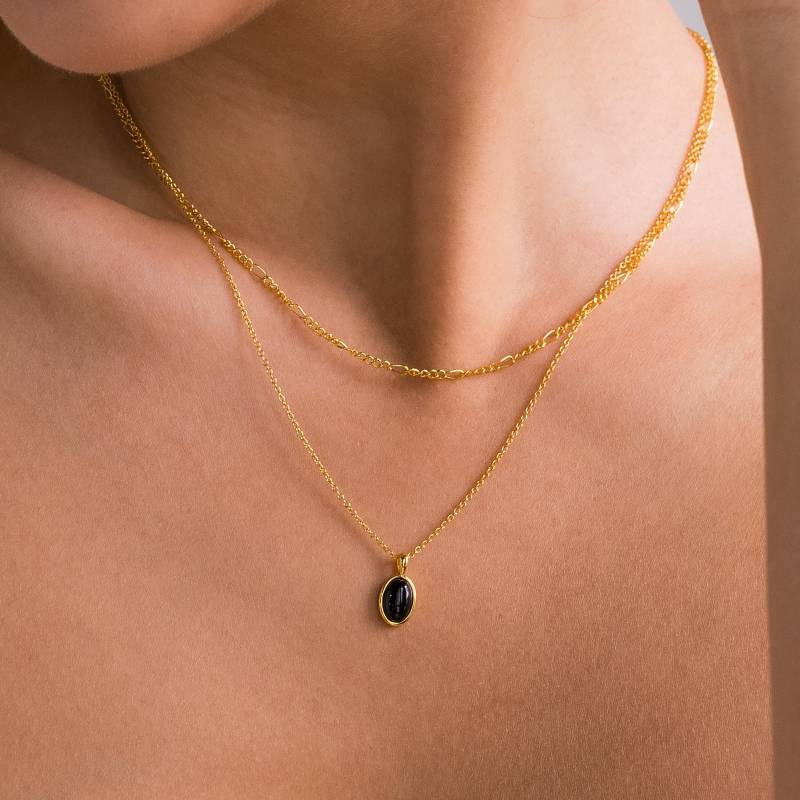 Duo Layered Onyx Halskette Von Caitlynminimalist Schwarze Oval Anhänger Zierliche Figaro Kette Sommer Schmuck Weihnachts Geschenk Nr208 von CaitlynMinimalist