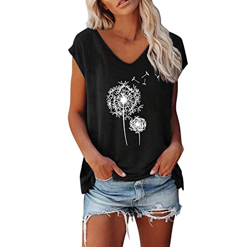 Caixunkun Short Sleeve Blouse Women Women Cap Sleeve Vest V Neck Solid Color Casual Shirt Loose Shirt, Black, XXL von Caixunkun