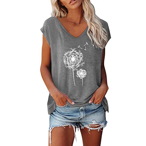 Caixunkun Women's Activewear Shirts & Blouses Women Cap Sleeve Vest V Neck Solid Color Casual Shirt Loose Shirt, Kurzarm J134 - Gray, XL von Caixunkun