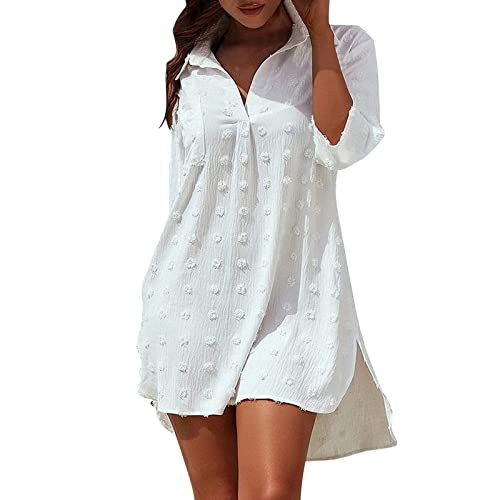 Damen Badeanzug Cover Ups Sommer Strandkleid Bikini Strandurlaub Strand Cover Up Dress Shirt mit Taschen Hemden 37 - White Large von Caixunkun