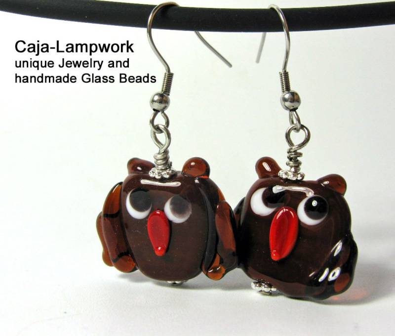 Braune Eulen Ohrringe, Handgemachte Glas Verspielt, Fröhlich, Lampwork von CajasBoutique