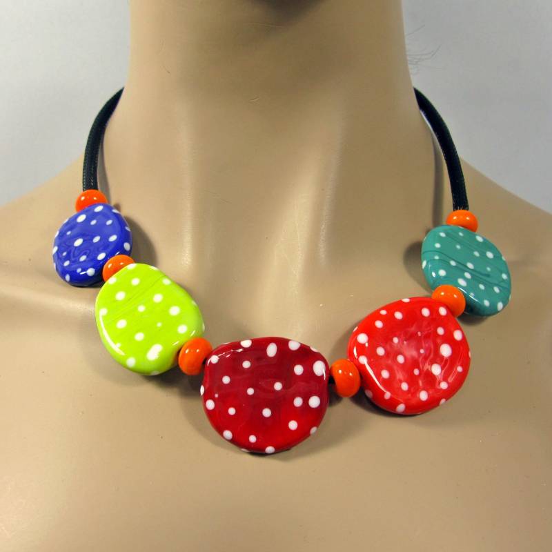 Bunte Polka Dots Kette Aus Sehr Großen Handgemachten Lampwork Perlen, Heitere Bunte Glaskette Bunte Polka Dots Kette Aus Sehr Großen Handgemachten Lampwork Perlen, Heitere Bunte Glaskette von CajasBoutique