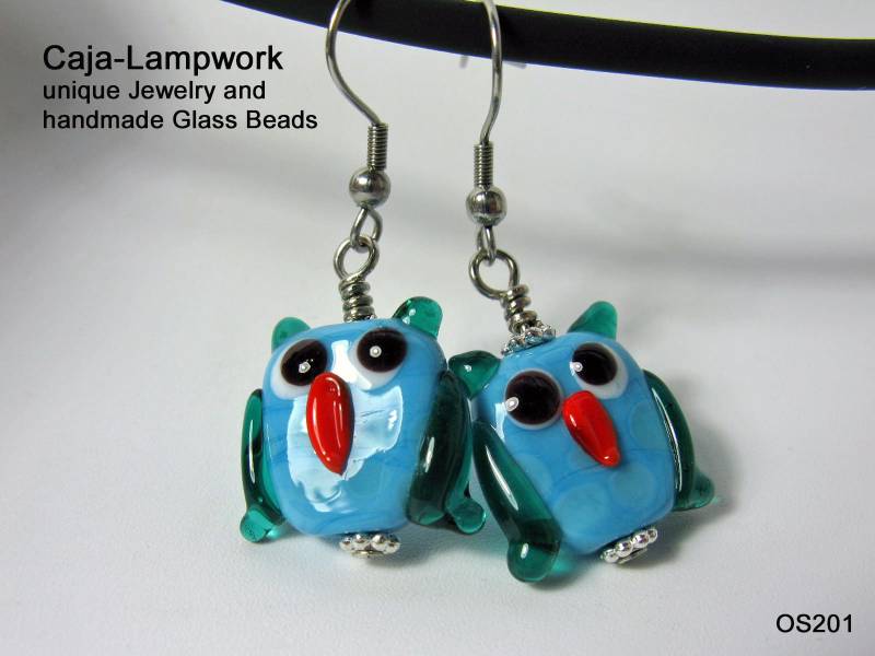 Türkise Eulen Ohrringe, Handgemachte Glas Verspielt, Fröhlich, Lampwork von CajasBoutique