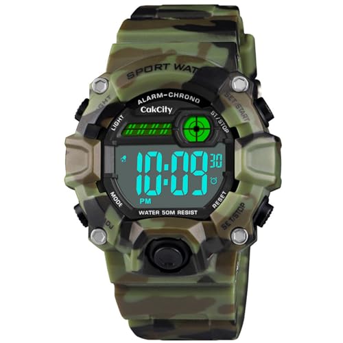 Jungen Camouflage-LED-Sport-Digitaluhr, Kinder, leger, wasserdicht, elektronische Militär-Armbanduhr mit Silikonband, leuchtender Alarm, Stoppuhr, Armeegrün von CakCity