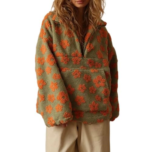 CakfLjkhl Damen Halber Reißverschluss Fuzzy Fleece Pullover Sweatshirt Blumenmuster Locker Casual Warme Oberteile Herbst Trendige Kleidung,Grün,M von CakfLjkhl