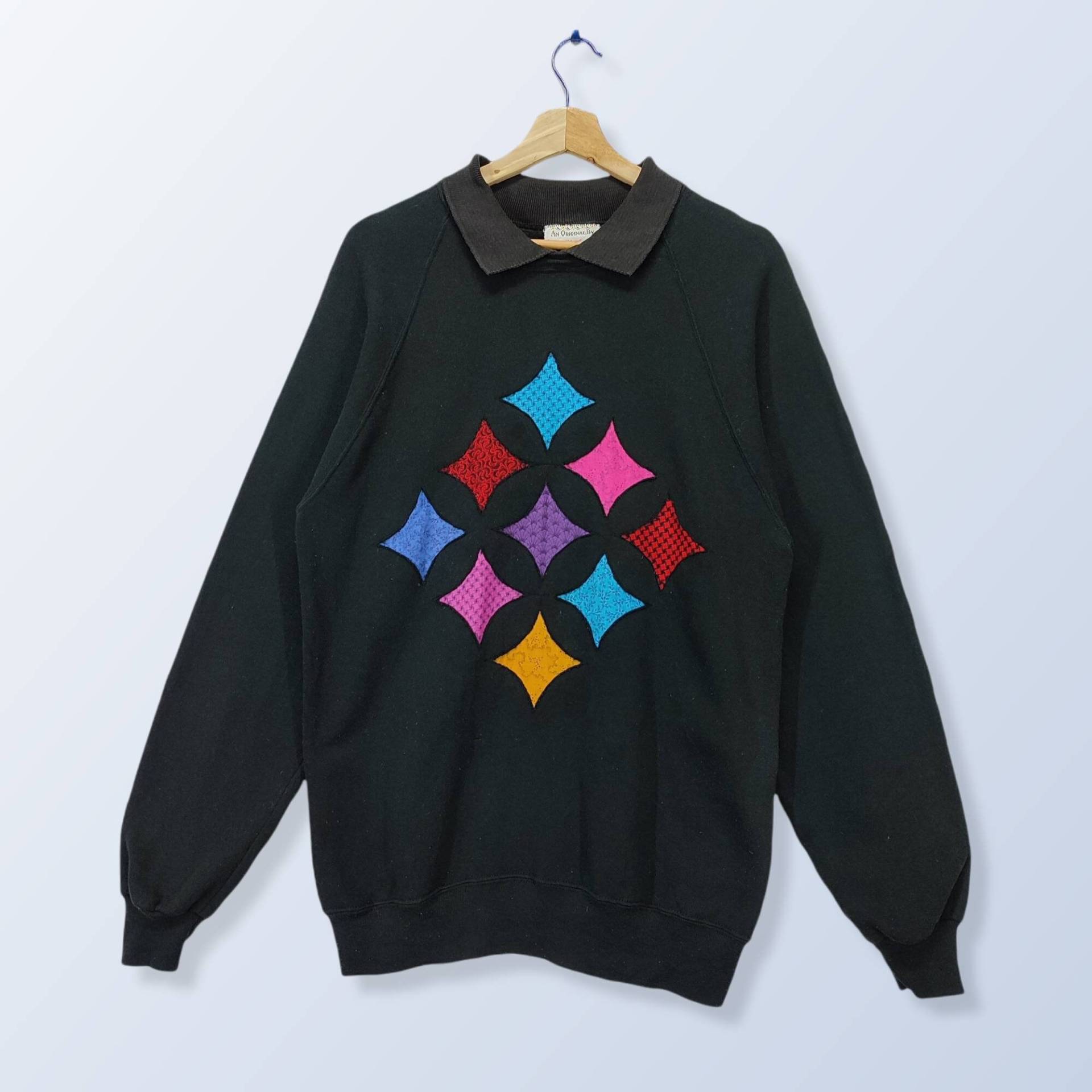 90Er Jahre Diamant Muster Raglan Sweatshirt Ein Original Von Marge, Vintage Kragen Rundhals Pullover, Schwarzer Pullover Grösse L von Cakoivintage