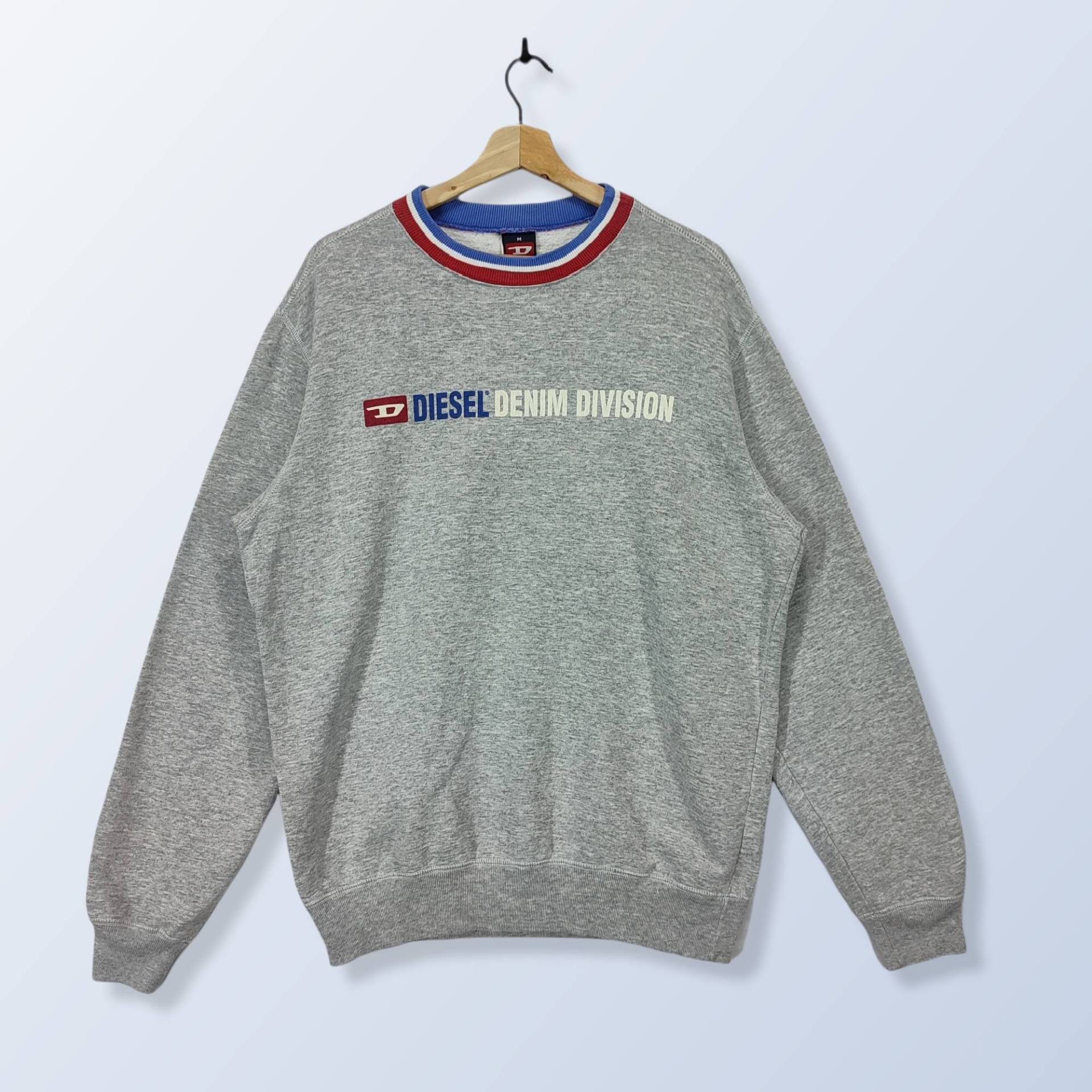 Diesel Denim Desion Sweatshirt, Vintage Pullover Spellout Logo Rundhalsausschnitt, Grauer Größe M von Cakoivintage