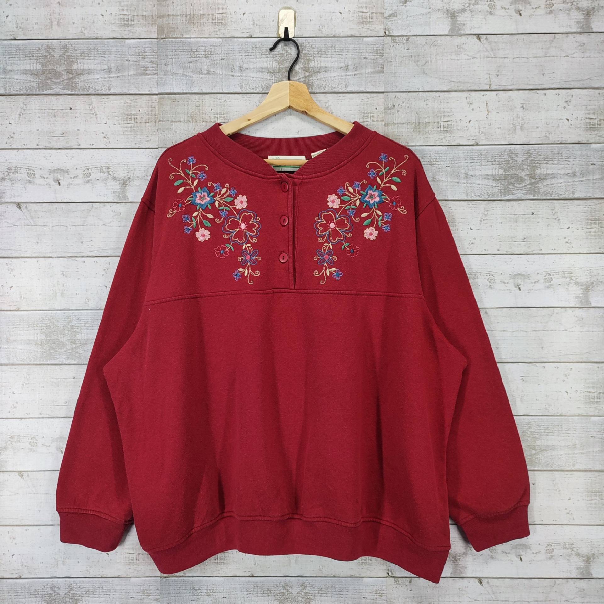 Oversize-Sweatshirt Mit Blumengrafik, Vintage-Oma-Pullover, Roter Kastanienbrauner Pullover Damengröße 3x von Cakoivintage