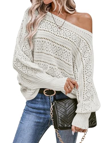 Cakulo Schulterfreier Damen-Pullover, Oberteil, Herbst-Outfits, Mode 2025, übergroß, gestrickt, Fledermausärmel, lange Ärmel, Häkelpullover, Weiss/opulenter Garten, Mittel von Cakulo