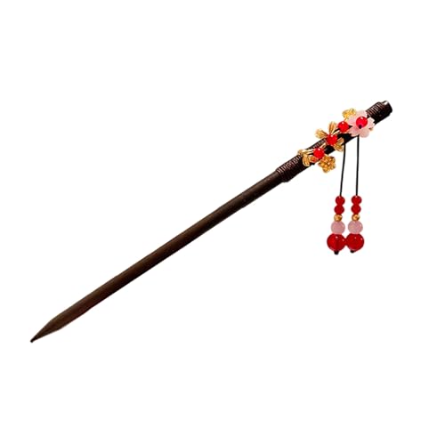 Calager Hanfu-inspiriertes Haar-Accessoire, exquisiter Holzstab, chinesischer Stil, Blumendekor, Quaste, handgefertigt, Essstäbchen, für Damen, Hochsteckfrisur D von Calager