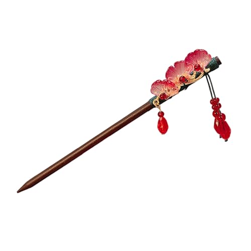 Calager Hanfu-inspiriertes Haar-Accessoire, exquisiter Holzstab, chinesischer Stil, Blumendekor, Quaste, handgefertigt, Essstäbchen, für Damen, Hochsteckfrisur E von Calager