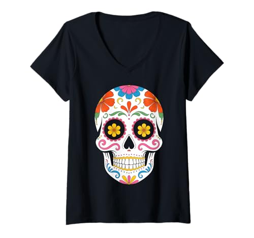 Damen Sugar Skull Calavera Halloween T-Shirt mit V-Ausschnitt Damen Sugar Skull Calavera Halloween T-Shirt mit V-Ausschnitt von Calavera Halloween Sugar Skull Apparel