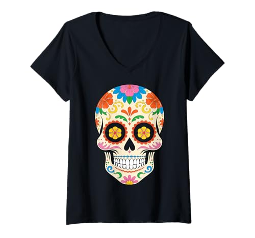 Damen Sugar Skull Calavera Halloween T-Shirt mit V-Ausschnitt Damen Sugar Skull Calavera Halloween T-Shirt mit V-Ausschnitt von Calavera Halloween Sugar Skull Apparel