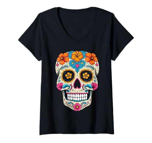 Damen Sugar Skull Calavera Halloween T-Shirt mit V-Ausschnitt Damen Sugar Skull Calavera Halloween T-Shirt mit V-Ausschnitt von Calavera Halloween Sugar Skull Tees Apparel